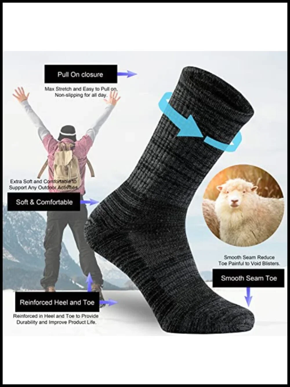 Merino Wool Blend Hiking Crew Socks for Men, Extra-Fine Wool Cushioned, 3 Pack